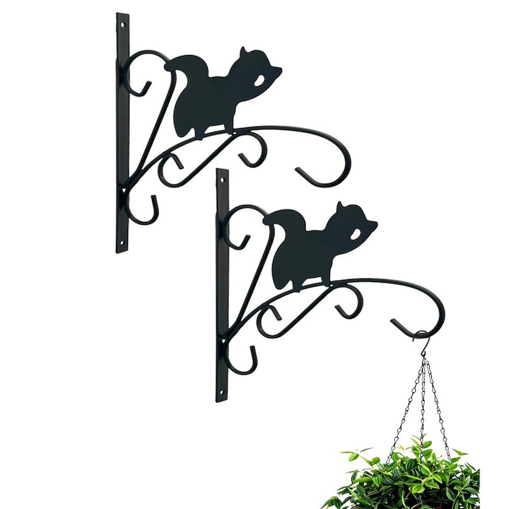 Set 2 bucati carlige metalice negre pentru gradina, Niks, montare usoara, pentru cosuri de flori si hranitoare pentru pasari