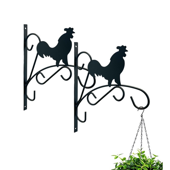 Set 4 carlige de perete din metal negru, Niks, pentru hranitoare de pasari si plante, negru