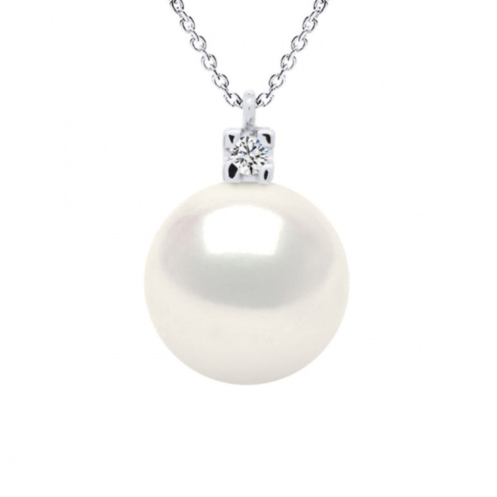 Colier cu Pandantiv Aur si Perla Naturala, Aur Alb 18k, Calitate AAA+ cu Diamant 0, 02 Ct, Alb Natural, Rotund, 9-10 mm, 42 cm