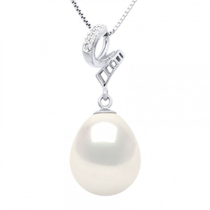 Colier cu Pandantiv Aur si Perla Naturala, Aur Alb 9K, Calitate AAA+ cu Diamant 0, 03 Ct, Alb Natural, Forma de Para, 11-12 mm, 42 cm