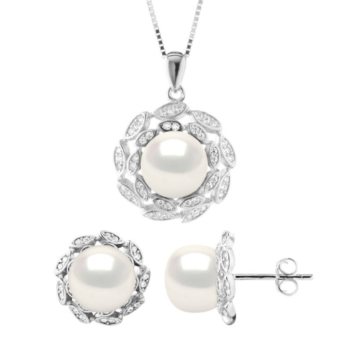 Set Colier si Cercei cu Perle Naturale, Argint, Calitate AAA+, Alb Natural, rotund, 9-10 mm, Cercei 8-9 mm, 42 cm