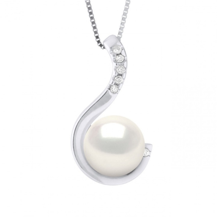 Colier cu Pandantiv Aur si Perla Naturala, Aur Alb 9K, Calitate AAA+ cu Diamant 0, 06 Ct, Alb Natural, Rotund, 9-10 mm, 42 cm