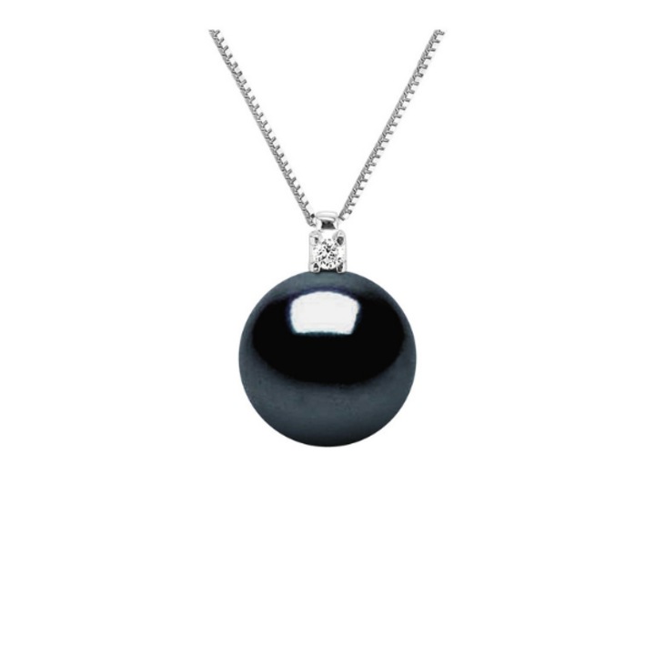 Colier cu Pandantiv Aur si Perle Naturale negre, Aur alb 9K, Calitate AAA+, Rotund, 10-11 mm, Diamant 0, 02 Ct, 42 cm