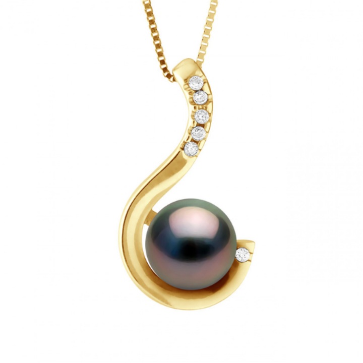 Colier cu pandantiv aur si Perle de Tahiti, aur galben 9k, calitate A+, forma de para, 8-9 mm, diamant 0,06 Ct, lungime 42 cm