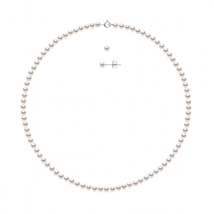 Set Colier Perle Naturale Japoneze Akoya si cercei, Aur Alb 18k, Calitate AA+, Alb-Orient Rose, Rotunde, 4-5 mm, 42 cm