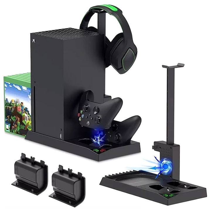 5-в-1 вертикална стойка за Xbox Series X, вентилатор, двойно зарядно за 2 контролера, стойка за слушалки, място за 10 диска, 2x1400mAH, черна