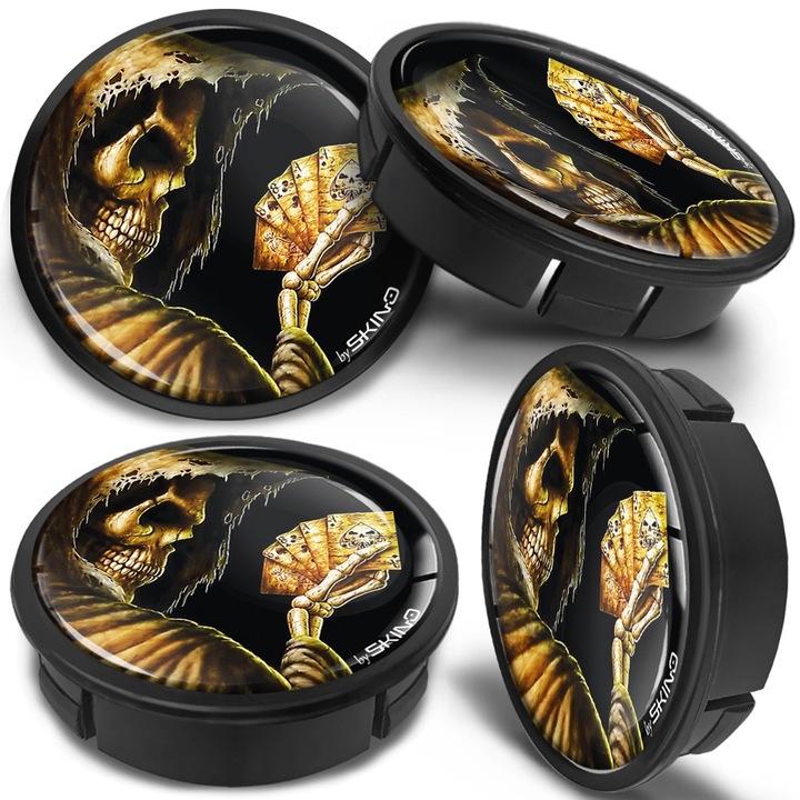 SkinoEu könnyűfém keréktárcsa készlet, külső átmérő 60 mm, belső átmérő 56 mm, könnyűfém keréktárcsákhoz, univerzális, koponya, pókerkártya, CX 34, 4db