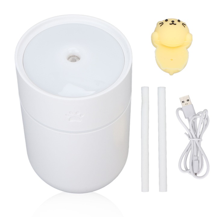 Mini párásító 260ml, rajzfilmfigura dizájn, fehér, folyamatos és szakaszos üzemmód