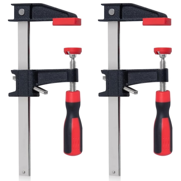 2 db hordozható F-típusú satu készlet, Hggzeg, Befogó hossz 150 mm, Állítható szorítóbilincsekkel, Famegmunkálási projektek széles skálájához, Műanyag/szénacél, Hossz 250 mm, Fekete