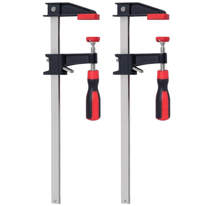 2 db hordozható F-típusú satu készlet, Hggzeg, Befogási hossz 450 mm, Állítható szorítóbilincsekkel, Famegmunkálási projektek széles skálájához, Műanyag/szénacél, Hossz 550 mm, Fekete