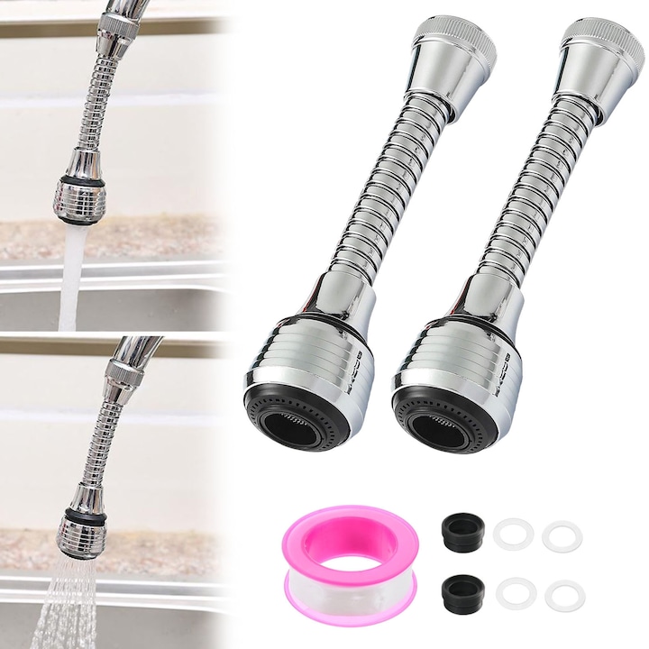 Set de 2 Adaptor Flexibil Universal, Hggzeg, Prelungitor pentru robinet chiuveta, 135mm, Moduri de dus/bule, Rasucirea si rotirea la 360 grade, Usor de instalat, Potrivit pentru bucatarii, bai, toalete, Inox/ABS, Negru/argintiu