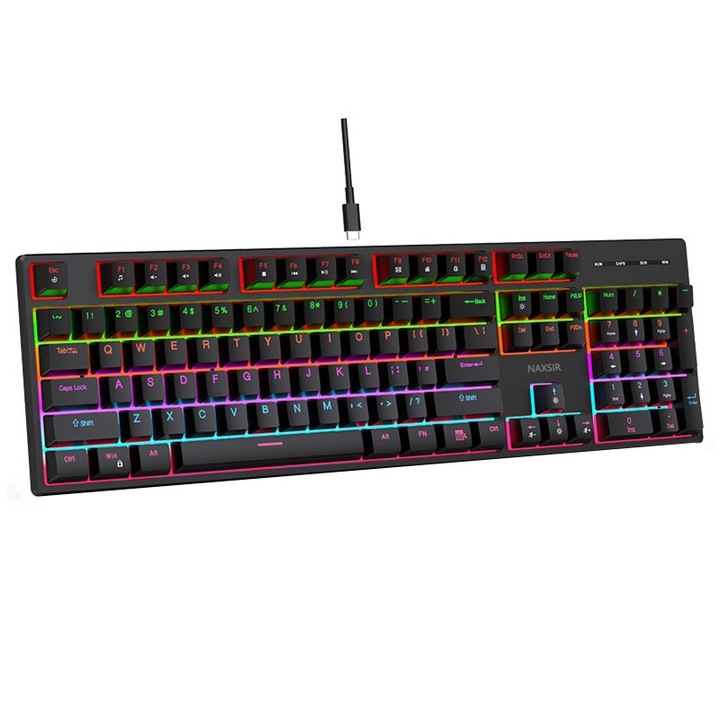 Механична клавиатура NAXSIR, 16 светлинни ефекта, 104 клавиша, подвижен USB-C кабел, RGB, IPX5, черен