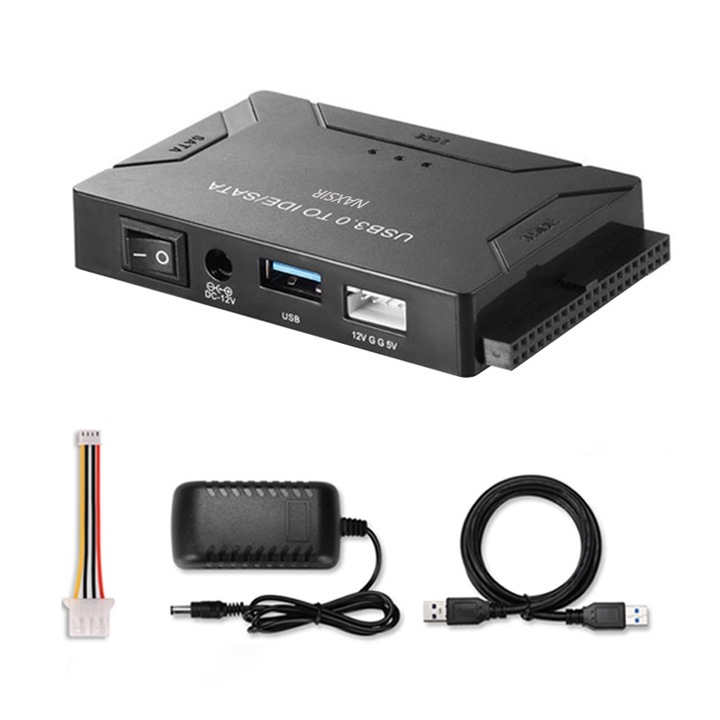 Адаптер USB 3.0 към SATA/IDE 3 in1, NAXSIR, 2.5/3.5 инча Универсален, лесен за пренасяне, със захранване, черен