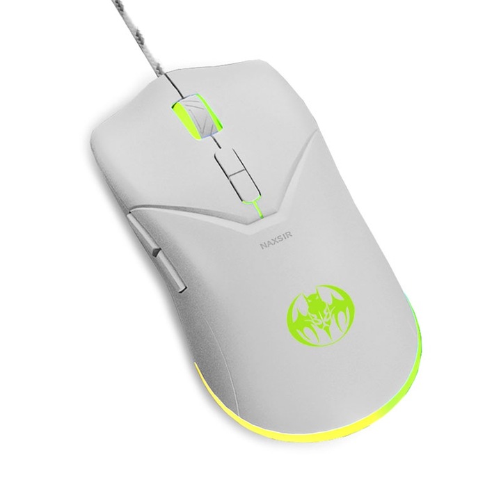 Мишка, Ергономичен дизайн, 6 DPI регулируема, USB, NAXSIR, RGB, Бял