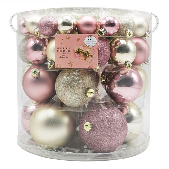 Комплект коледни топки и гирлянд, 4-6-8-10 см, блестящи, 55 броя, Pink Gold