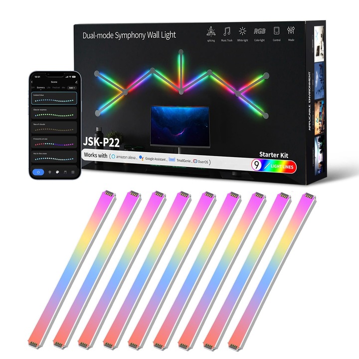 Интелигентни стенни светлини, линии, 9 реда, бяло, WiFi RG 16M+ цветно димируемо синхронизиране на музика Направи си сам декорация за дома за любителите на стрийминг партита