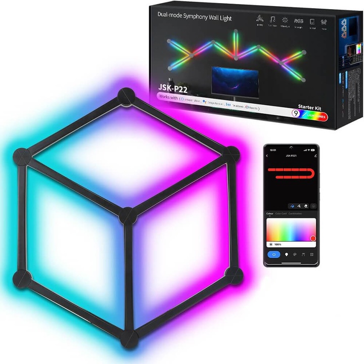 Benzi LED de lumini inteligente de perete, 9 linii, negru, WiFi, RG, 16M+ culoare reglabile, sincronizare muzicala, decoratiuni pentru interior DIY, pentru iubitorii de streaming de petreceri de jocuri