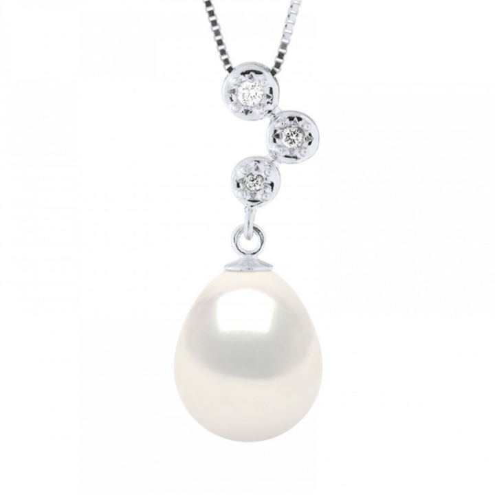 Colier cu Pandantiv Aur si Perla Naturala, Aur Alb 9K, Calitate AAA+ cu Diamant 0, 06 Ct, Alb Natural, Ovale, 10-11 mm, 42 cm