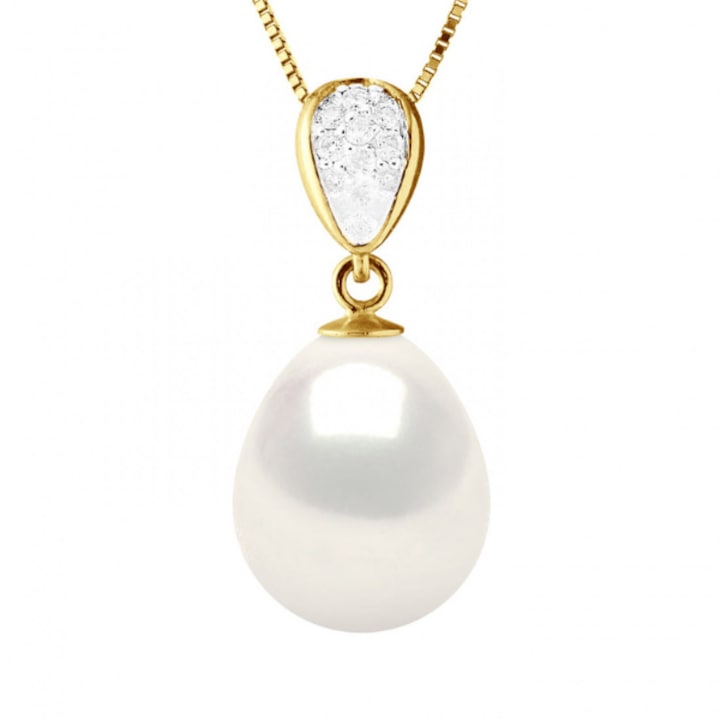 Colier cu Pandantiv Aur si Perla Naturala, Aur Galben 9k, Calitate AAA+ cu Diamant 0, 07Ct, Alb Natural, Ovale, 11-12 mm, 42 cm