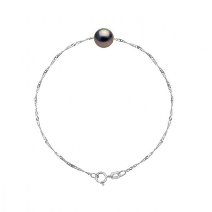 Bratara aur si Perle Naturale de Tahiti, Aur Alb 9K, Calitate A+, Rotunda, 8.5-9 mm, 18 cm