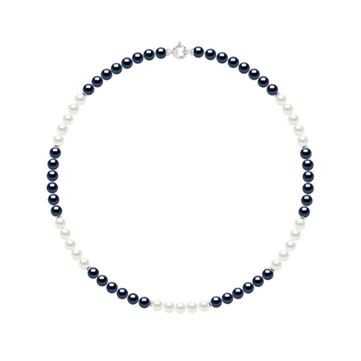 Colier Perle, Alb/Negru/Argintiu