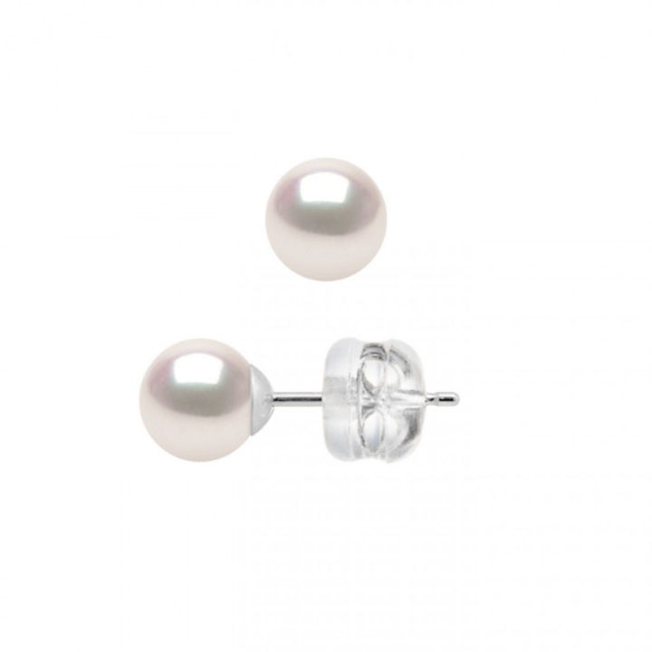Cercei cu perle Veritable de Akoya, Rotunde, 7-7.5 mm, Calitate AA+ si Aur alb 18k