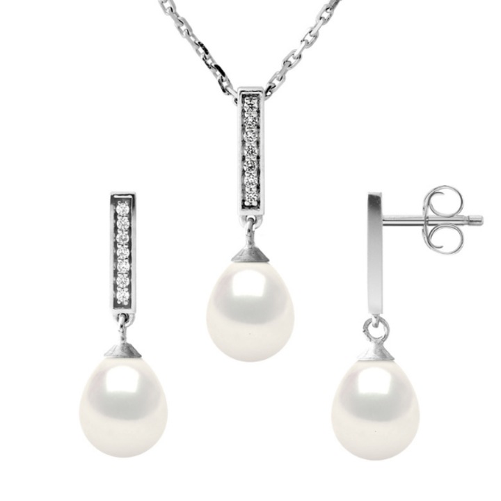 Set Colier si Cercei cu Perle Naturale, Argint, Calitate AAA+, Alb Natural, Forma de Para, 7-8 mm, Cercei 6-7 mm, 42 cm