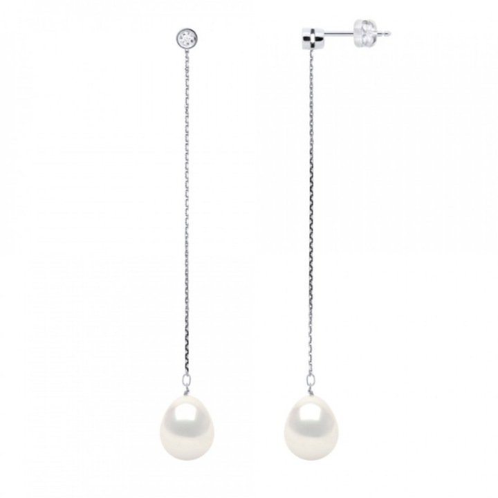 Cercei cu Perle naturale in Forma de Para, 9-10 mm, Calitate AAA+, Aur alb si Diamante 0, 02 Ct, Calitate H-Si1