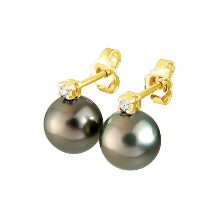 Cercei din aur galben 18k cu Perle negre de Tahiti, forma de para, 8-9 mm, calitate A +, si diamante 0,04 Cts, calitate H-Si1