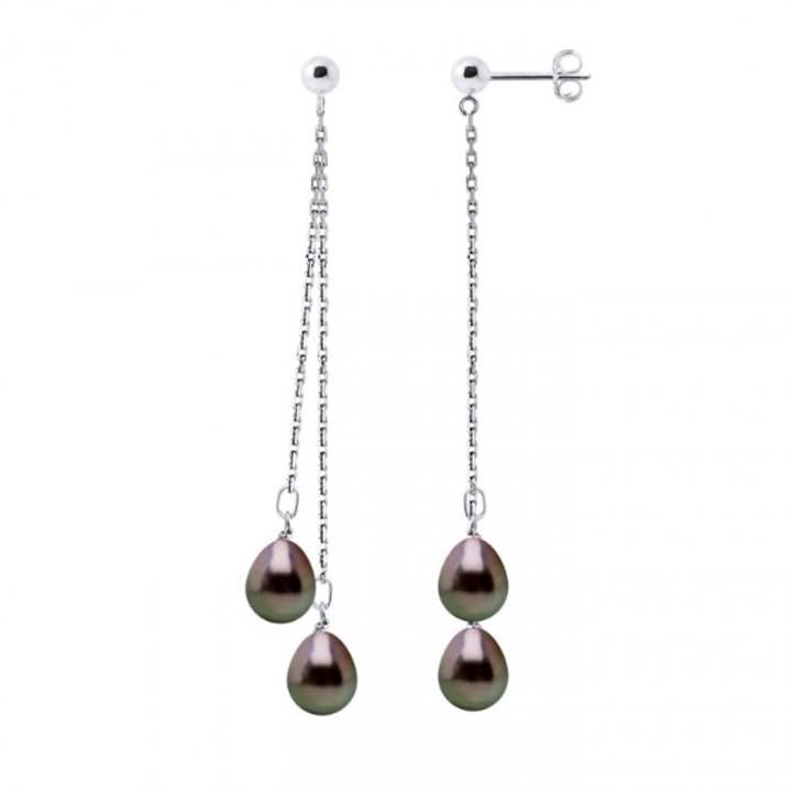 Cercei cu perle naturale negre in forma de para, 7-8 mm, calitate A+ si aur alb