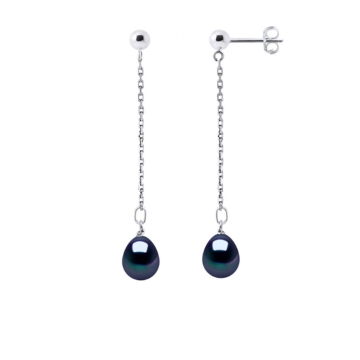 Cercei din aur alb cu Perle negre de cultura, in Forma de Para, 7-8 mm, Calitate AAA+