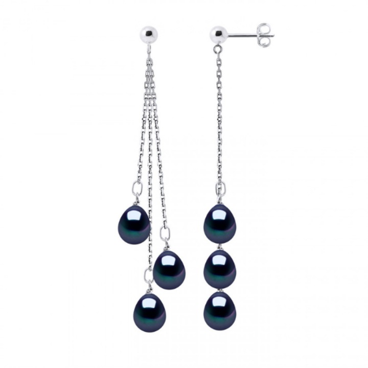 Cercei din aur alb cu perle naturale negre de Tatihi in forma de para, 7-8 mm, calitate AAA+