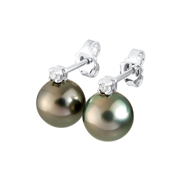 Cercei din aur alb 18k cu Perle negre de Tahiti, forma de para, 8-9 mm, calitate A +, si diamante 0,04 Cts, calitate H-Si1