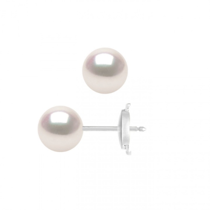 Cercei din aur 18k cu Perle Akoya rotunde, 7-7.5 mm, calitate AA+, Aur alb