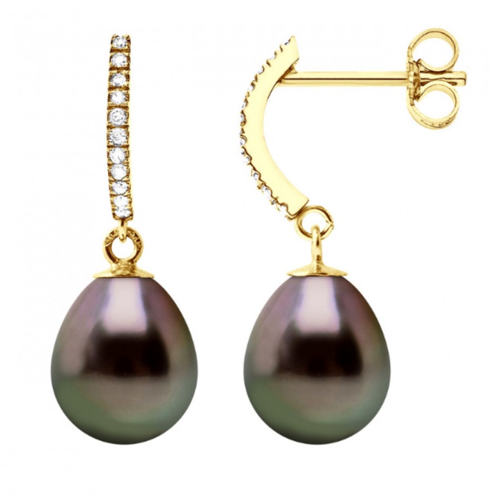 Cercei din aur cu perle negre de Tahiti, tip para, 9-10 mm, calitate A+, aur galben 9k, Diamante 0,08 ct, calitate H-SI1