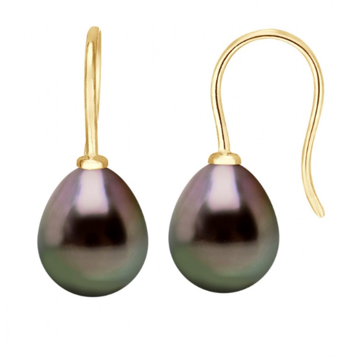 Cercei cu Perle naturale negre de Tahiti, forma de para, 8-9 mm, calitate A+ si aur galben