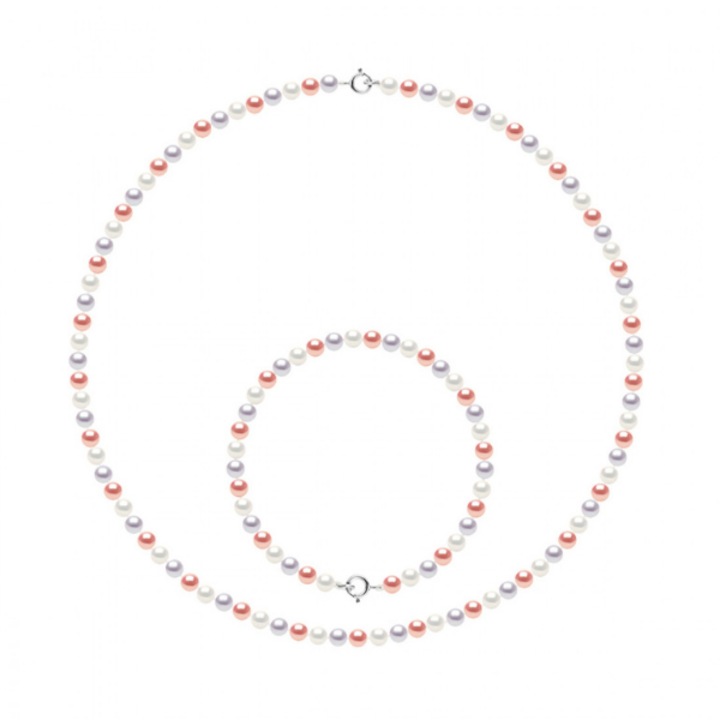 Set Colier si Bratara cu Perle Naturale, Aur Alb 18k, Calitate AAA+, Rotunde/Semnistrate, 4-5 mm, Bratara 18 cm, Colier 42 cm