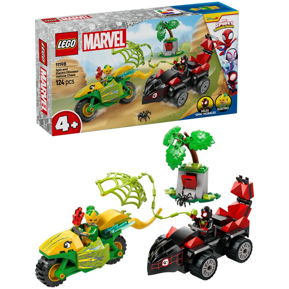 LEGO® Marvel - Spin si Electro intr-o urmarire cu dino-vehicule 11198, 124 piese
