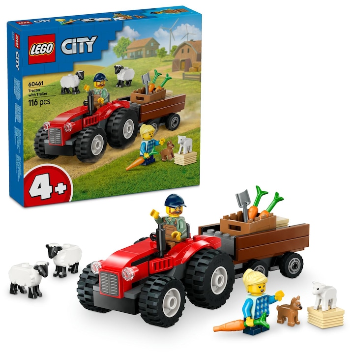LEGO® City - Червен селскостопански трактор с ремарке и овце 60461, 116 части