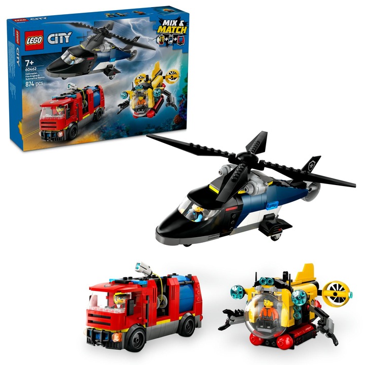 LEGO City 60462 építőkészlet, Helikopter, tűzoltóautó és tengeralattjáró egy csomagban, 874 db, 7+ év, többszínű
