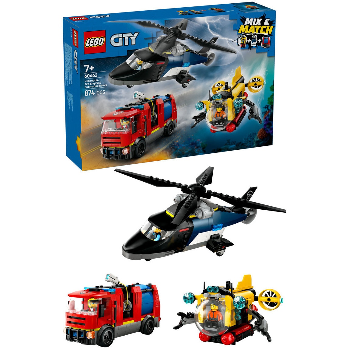 LEGO® City - Elicopter, autospeciala de pompieri si submarin in versiuni remixate 60462, 874 piese