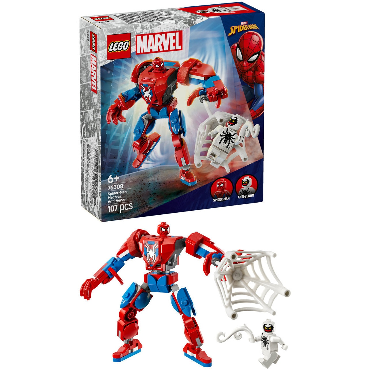Set de constructie LEGO® Marvel - Robotul Omul Paianjen vs. Anti Venom 76308, 107 piese, Jucarii pentru Baieti și Fete de 6+ ani, Cadou pentru Copii Pasionati de Roboti de Jucarie
