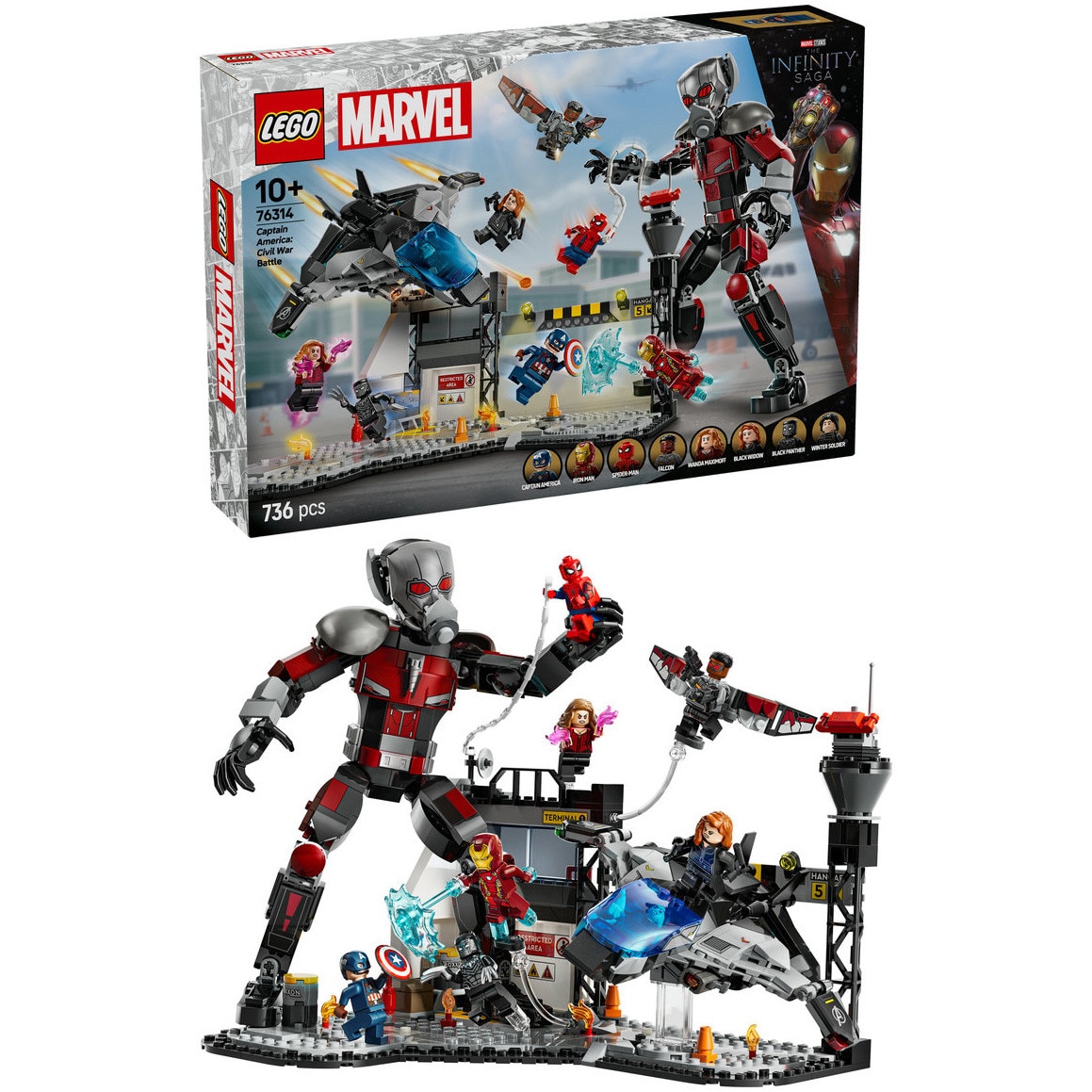 LEGO® Marvel - Batalia plina de actiune din Capitanul America: Razboi civil 76314, 736 piese