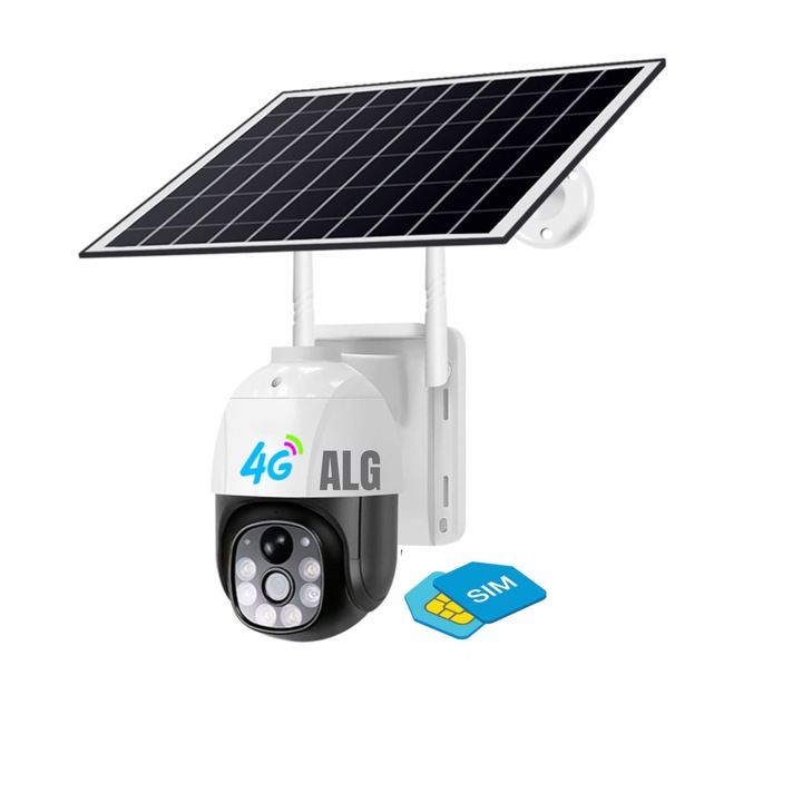 Соларна камера за наблюдение, ALG 4G SIM, 8MP, FullHD, 365 дни UPTIME, водоустойчива, Lte външна слънчева CCTV PTZ камера 8760 часа непрекъснат HD запис, бяла