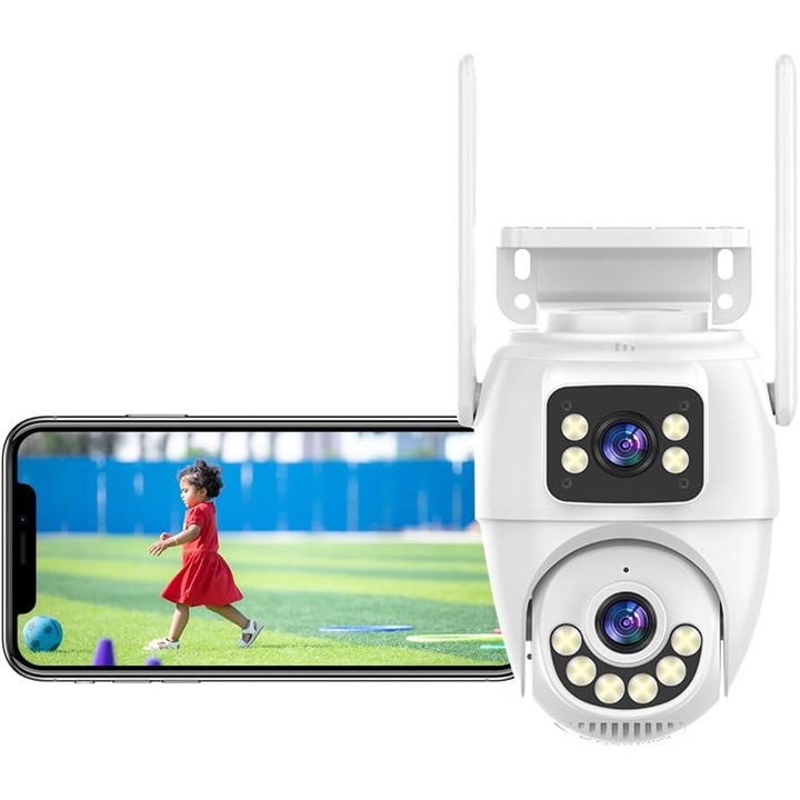 Camera de supraveghere WiFi 2K cu lentila dubla, comunicare bidirectionala, senzor de miscare, nightvision color, miscare Pan&Tilt 350°, impermeabila IP66, alba