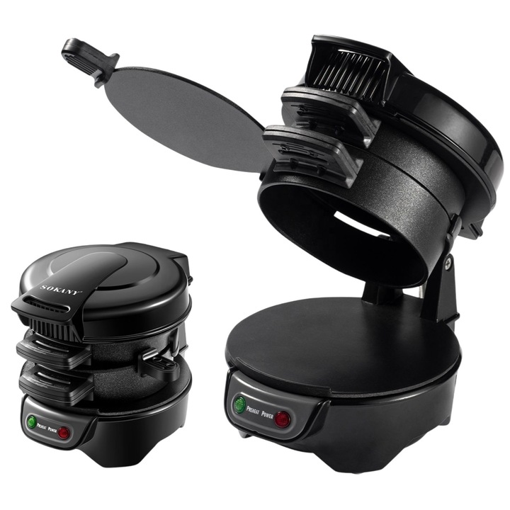 Aparat de preparare hamburger Sokany, 600W, gatire pe ambele parti, indicator LED, maner anti-ardere, 180° deschidere, placi anti-aderente, pentru burgeri, sandvisuri, omlete si mini pizza, negru