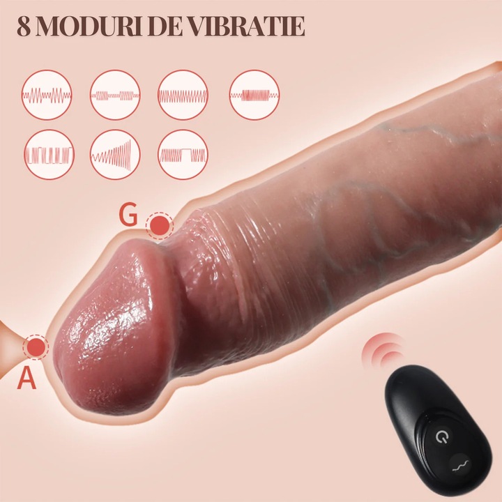 Manson penis Obsessia® LongFriend cu vene proeminente, 10 moduri de vibratie, functie de alungire si ingrosare, control prin telecomanda, din silicon non-toxic, lungime inserabila de 18 cm, rezistent la apa, atasabil, diametru interior 4.5 cm, 173 g