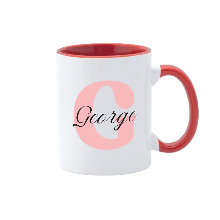 Cana personalizata cu prenume, alba cu interior si maner rosu, 350ml, Colectia Prenume Barbati, George
