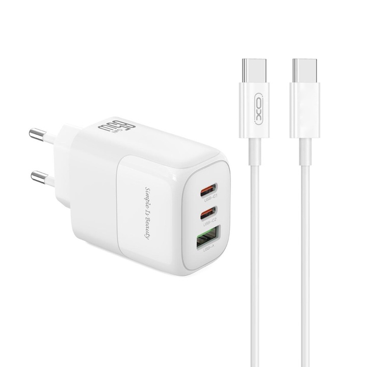 Мрежово зарядно 220V XO 65W, USB-A + 2xUSB-C, GaN Nitride L139 + кабел Type-C - Type-C, бяло