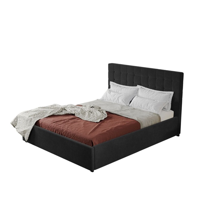 Pat dublu tapitat Monaco, cadru lemn si pal, 180x200 cm, negru, cu somiera fixa